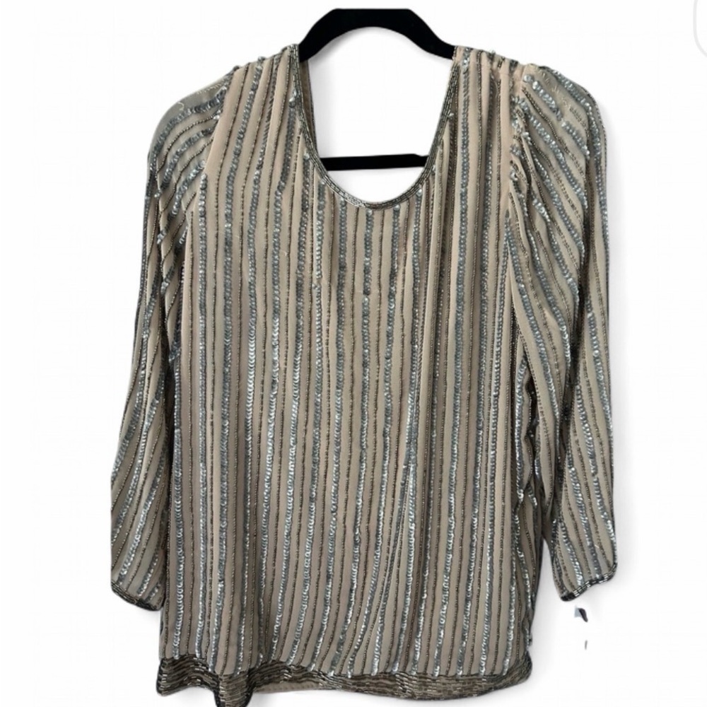 NWT Adrianna Papell Silver and Tan Sequin Blouse Full Beaded Deep Back 14 *notes